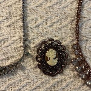 cameo brooch and vintage costume jewelry necklace, set